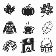 Cozy autumn scene depicting seasonal elements and warm comfort accessories in a minimalistic black and white style