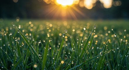 Morning sunlight gently illuminating dew-covered grass blades in a serene meadow, creating a sparkling bokeh effect with a warm and tranquil atmosphere at sunrise