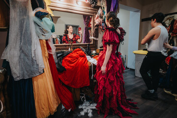 A bustling backstage scene where actors prepare for a performance, featuring colorful costumes,...