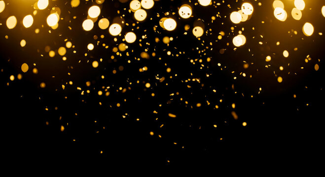 Golden confetti falling down creating sparkling bokeh glitter effect on black background for new years eve party celebration, luxury award ceremony abstract overlay