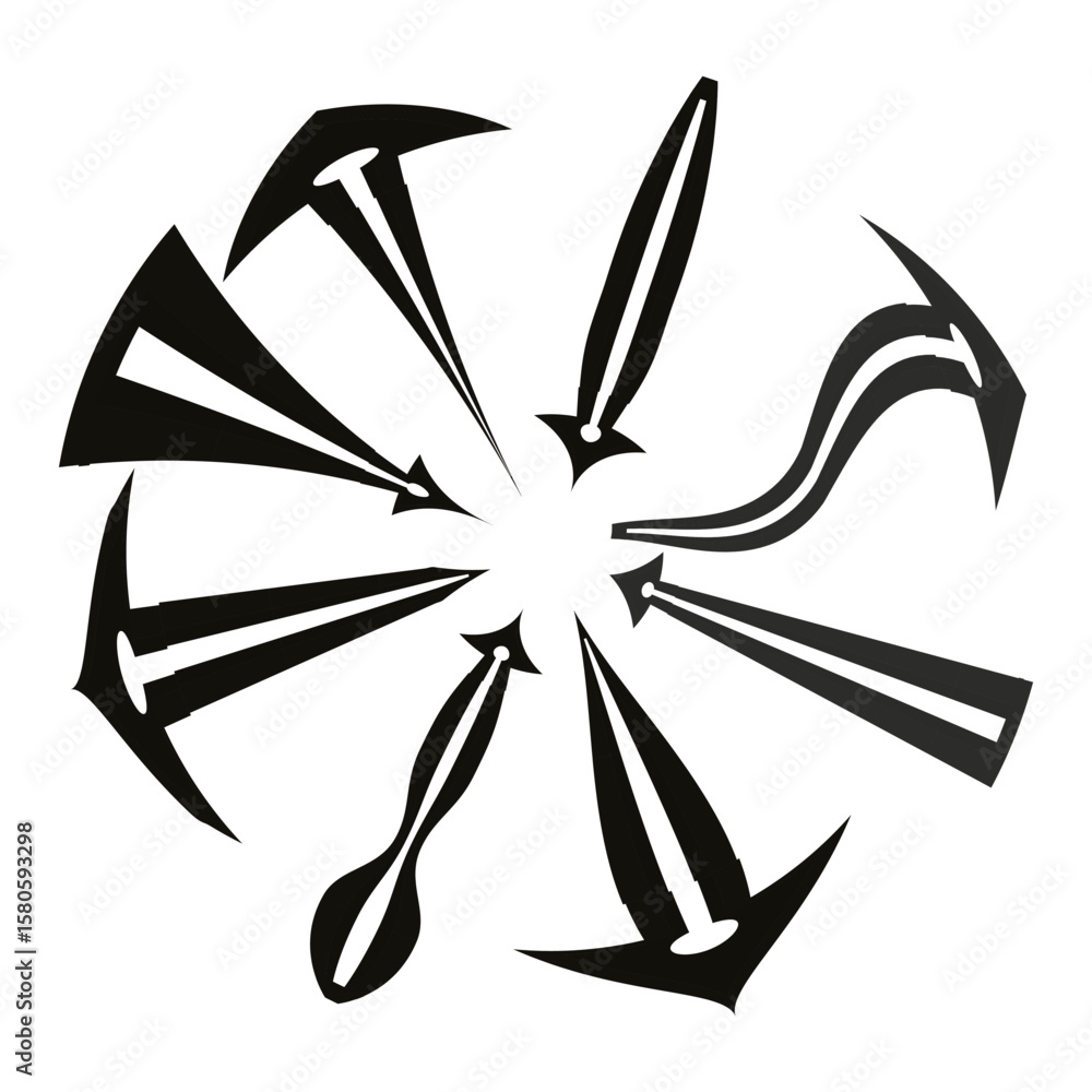 Poster circular arrow set. radial pointer shapes. dynamic vector elements. directional flow graphic.
