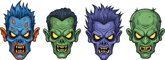 Set of cartoon zombie heads with scary expressions, colorful undead monsters with creepy faces, vector horror illustration for Halloween theme