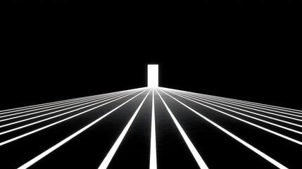 A high-contrast image featuring a bright luminous doorway at the end of parallel lines on dark plane.