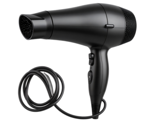 Modern Hair Dryer with Matte Black Finish – Side View Isolated on Transparent Background