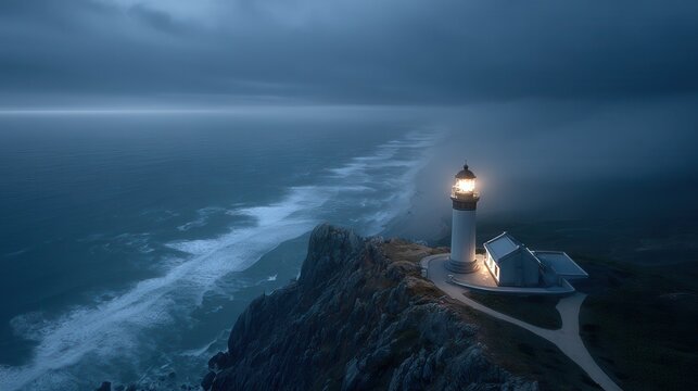 Lighthouse on a cliff by the sea under a gloomy sky