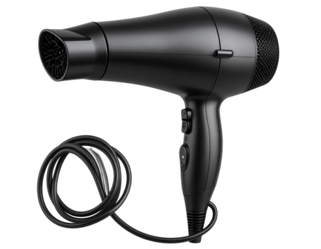 Modern Hair Dryer with Matte Black Finish – Side View Isolated on Transparent Background