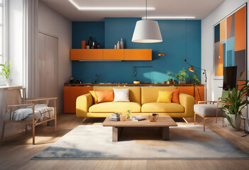 Luxurious A living room with a couch and a coffee table with orange pillows