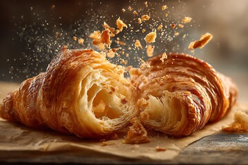 Freshly baked croissant broken open with flaky crust and buttery layers reveals deliciousness on parchment paper