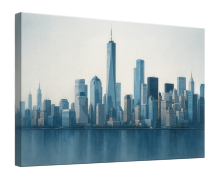 Large canvas depicting a city skyline, suitable for a loft apartment.