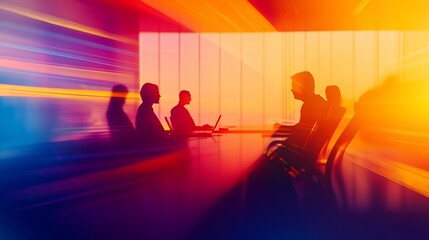 Abstract boardroom meeting with blurred motion lines and silhouettes of people