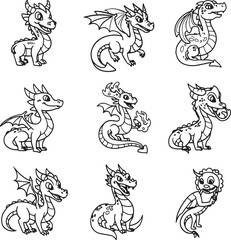 Collection of cute cartoon dragon characters in various poses for children's designs