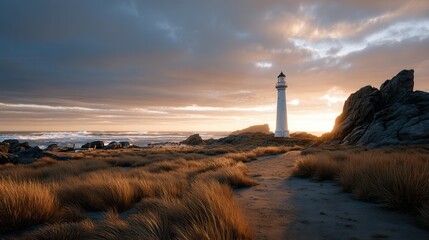 Lighthouse on coastal area at sunset with grassy foreground