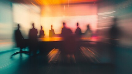 Abstract boardroom scene with blurred lines and silhouettes of people at meeting table