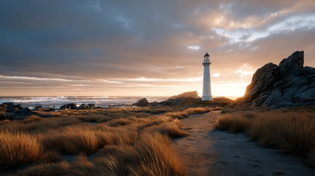 Lighthouse on coastal area at sunset with grassy foreground - Powered by Adobe