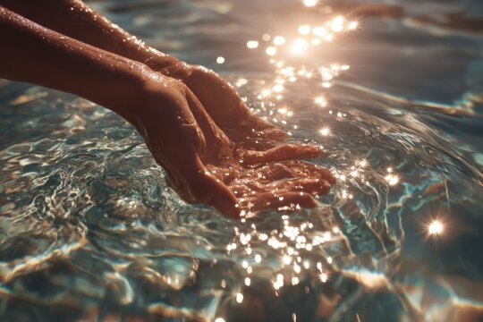 Hands gently touching water surface ripples reflections sparkling.