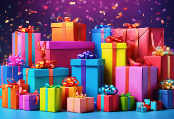 Fantastic Present boxes with crowns, balloons and shopping bags against pink background