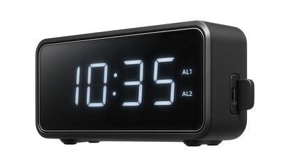 A dual alarm function digital clock with a USB charging port for a guest room.