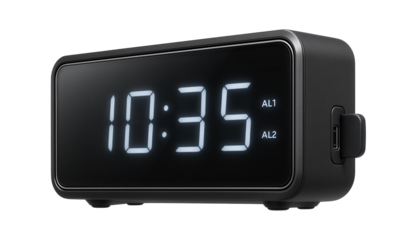 A dual alarm function digital clock with a USB charging port for a guest room.
