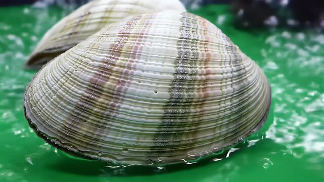 Fresh Hard Shell Clams with Water Droplets on Green Surface