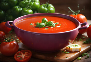 Luxurious Tomato soup in a plate next to a branch of tomatoes