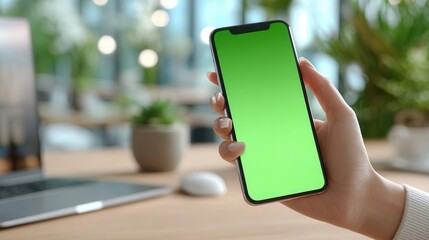 Hand holding a smartphone with green screen in office environment
