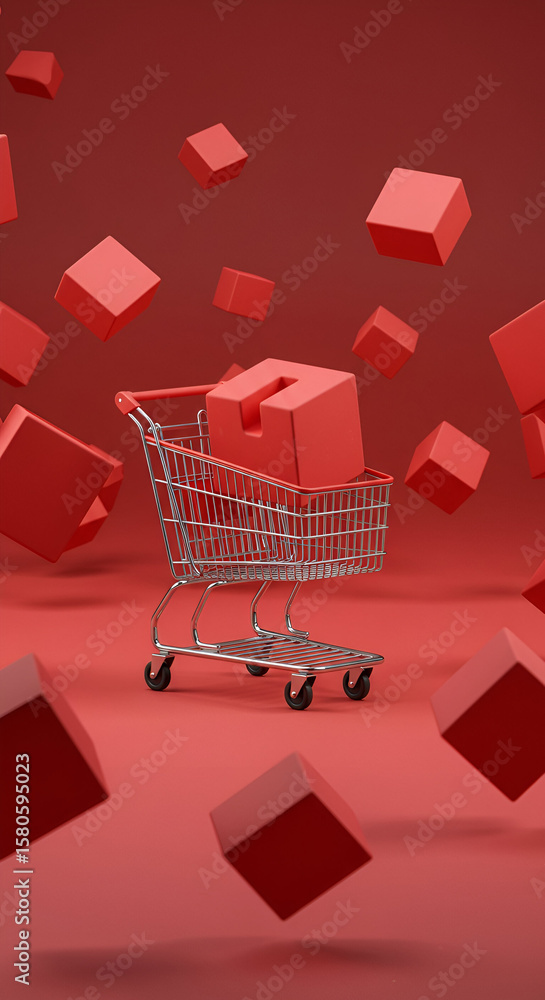 Poster red shopping cart filled with a red cube in a minimalist red background. modern, simple design for a