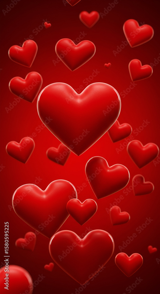 Poster red hearts in various sizes floating against a deep red background. 3d rendered hearts in a romantic