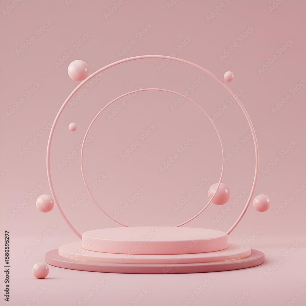Poster pink geometric platform with floating spheres in a minimalist aesthetic. empty display area for prod