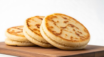 Three arepas on a wooden board