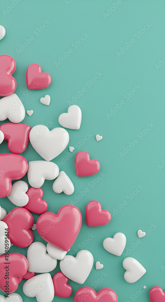 Poster pink and white heart-shaped objects scattered on a teal background. a playful arrangement of glossy,