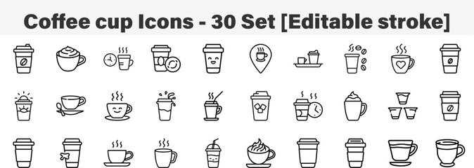 Coffee cup icons 30 Set. Line Art Icon Collection. Editable Stroke. Vector Illustration