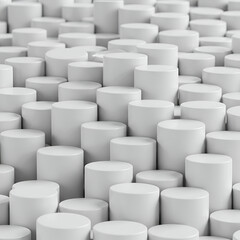 Fototapeta premium Abstract geometric display of many white cylinders in a layered, tiered design. Modern, neutral background for showcasing products or concepts.