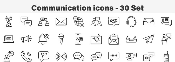 Communication icons 30 Set. Line Art Icon Collection. Editable Stroke. Vector Illustration