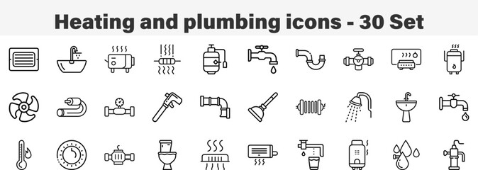 Heating and plumbing icons 30 Set. Line Art Icon Collection. Editable Stroke. Vector Illustration