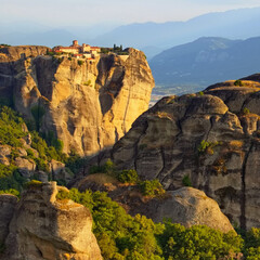 Monastery of the Holy Trinity in Meteora, the most famous monastery, known from the James Bond movie - in portrait format format for magazine cover	