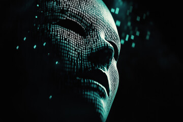 Futuristic face covered in digital grid – symbolizing artificial intelligence, virtual identity, and the merging of human and machine.