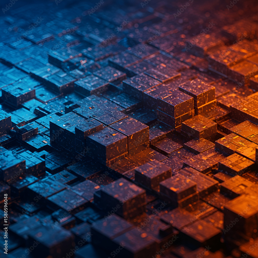 Poster abstract geometric pattern of interconnected dark gray cubes with circuit board detailing. intricate