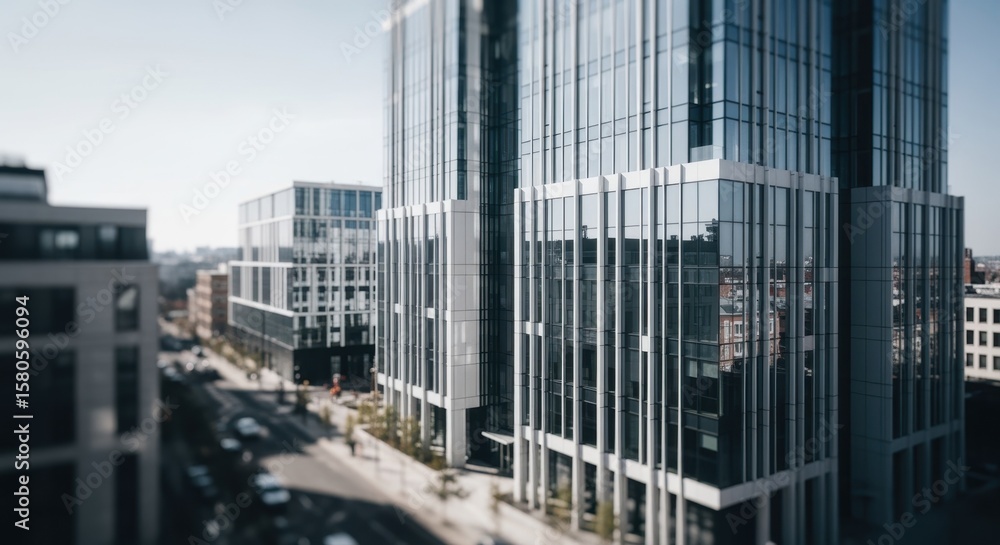 Poster urban development showcasing minimalist architecture with polished glass and linear patterns.