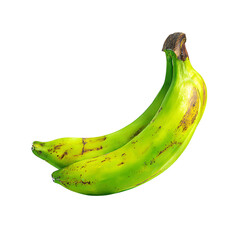 Two bright green unripe bananas with brown spots and blemishes isolated on a transparent background green banana