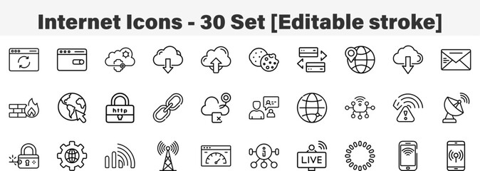 Internet icons  30 Set. Line Art Icon Collection. Editable Stroke. Vector Illustration