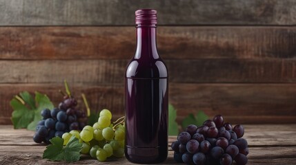 Organic Grape Juice Bottle Surrounded by Fresh Grapes on Rustic Wooden Surface with Natural Light