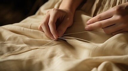 Close-up of hands stitching fabric with a needle, highlighting craftsmanship, textile work, and handmade artistry.