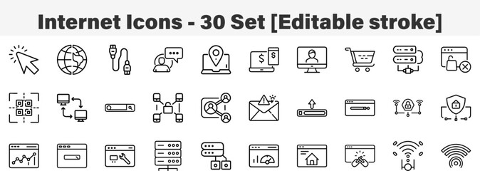 Internet icons  30 Set. Line Art Icon Collection. Editable Stroke. Vector Illustration