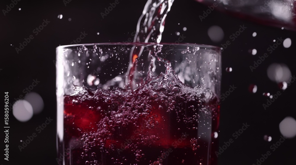 Poster refreshing purple grape juice pouring from pitcher into glass with splashes and backlit highlights