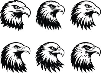 Bald eagle head set - 6 majestic raptor silhouettes, EPS JPEG PNG