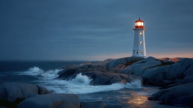 Lighthouse standing on rocky coast under dim sky with waves crashing