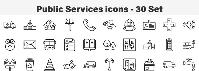 Public Services icons 30 Set. Line Art Icon Collection. Editable Stroke. Vector Illustration