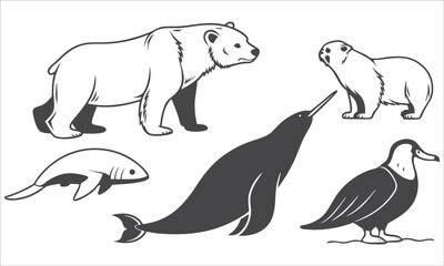Obraz premium Polar bear narwhal seal bird fish vector