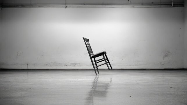 A black and white photograph of a wooden chair seemingly levitating in an empty room