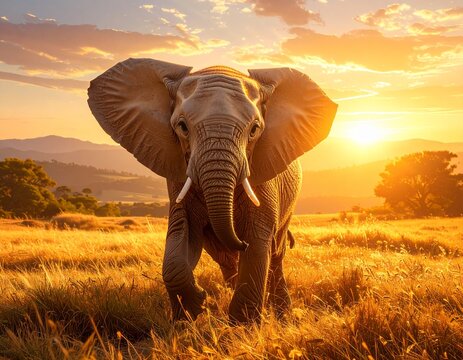 Urocze słoniątko z wielkimi, ciekawskimi oczami, stojące przy matce w ciepłym świetle zachodzącego słońca. W tle rozciąga się sawanna &ndash; złote trawy, rozrzucone akacje i zamglone horyzonty. Emocjonalna